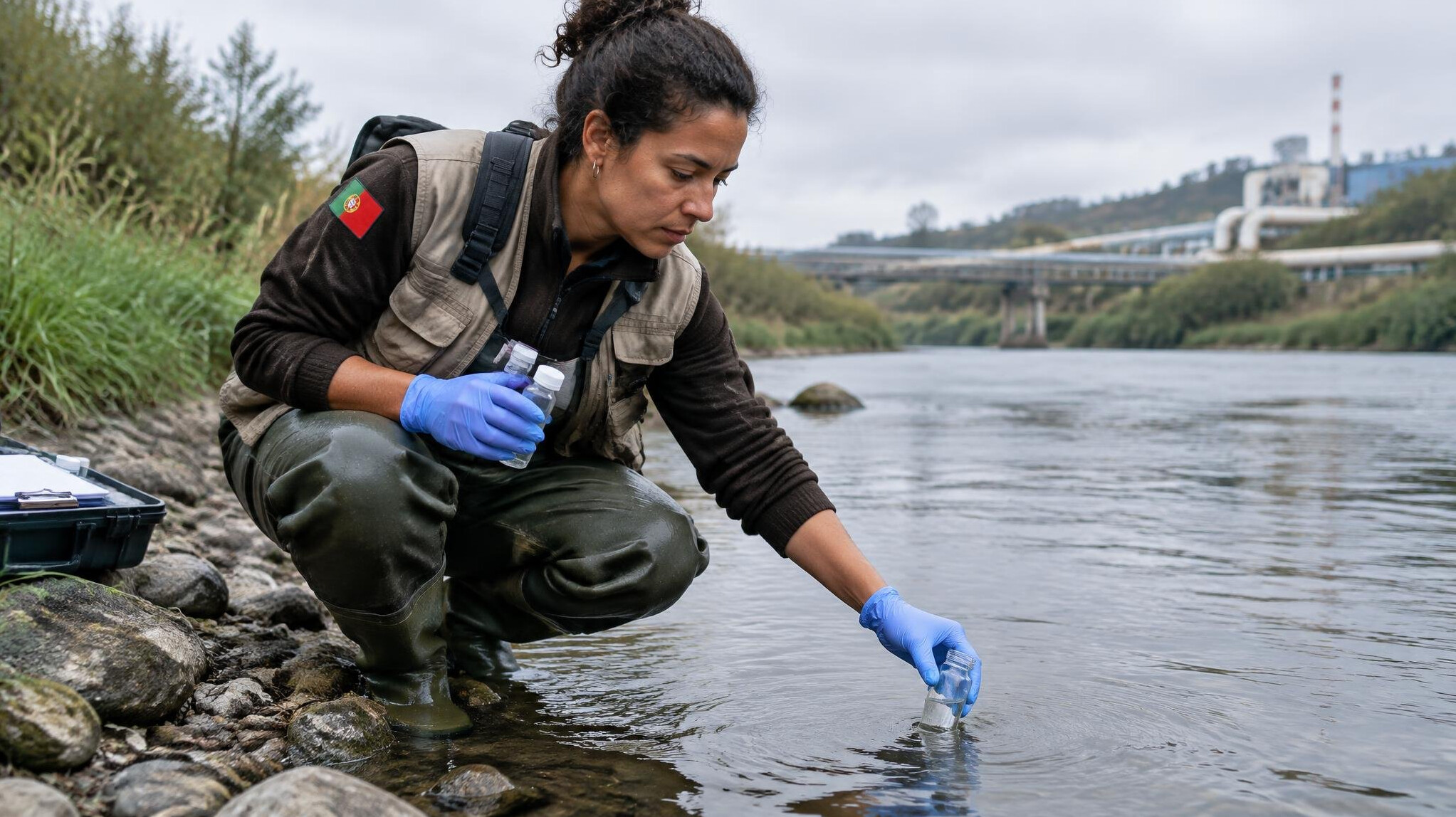 Environmental technician collecting a water sample from a Portuguese river
