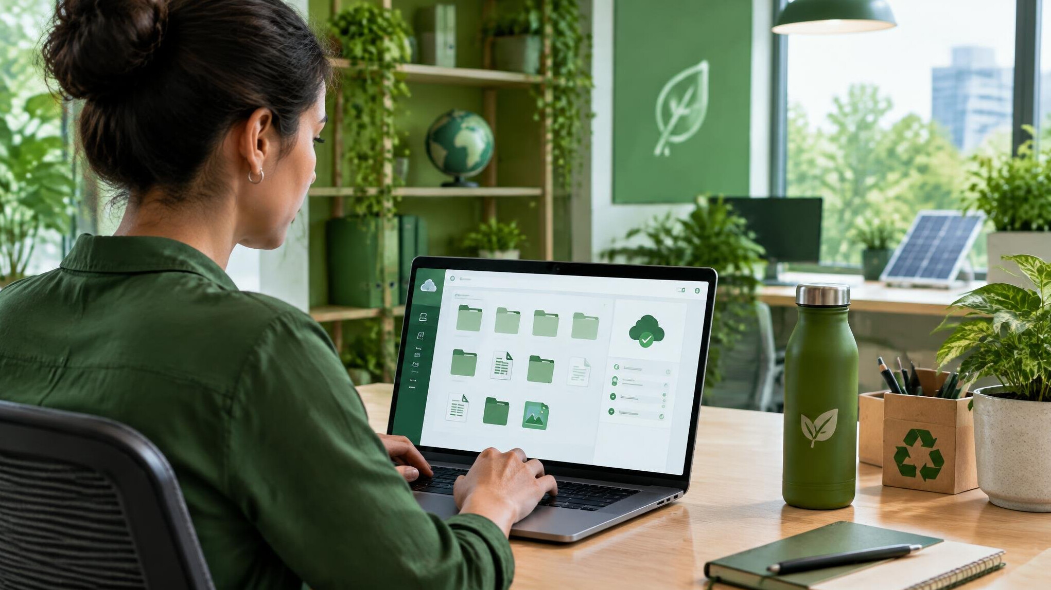 person using laptop in green office