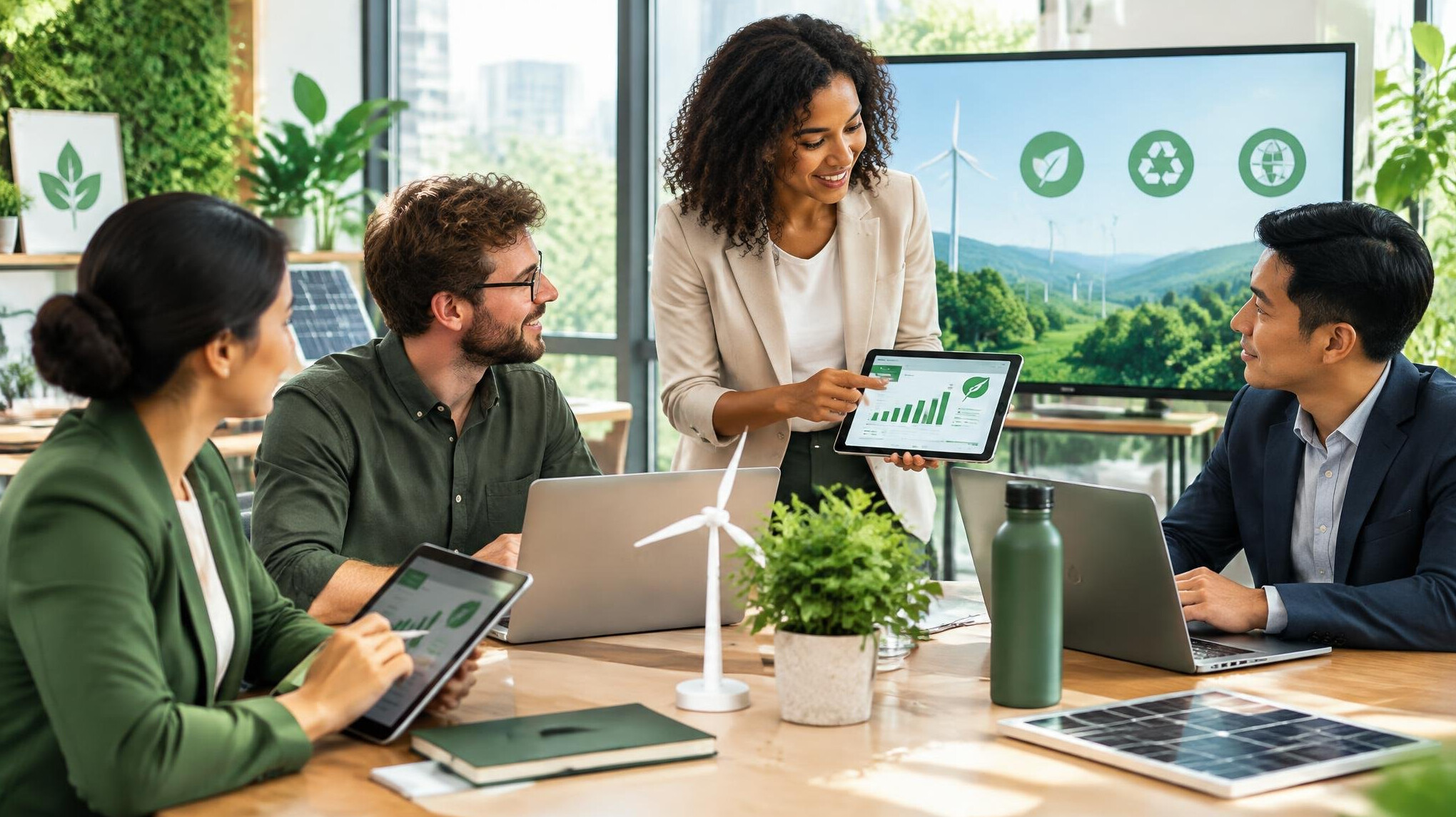 team using green technology
